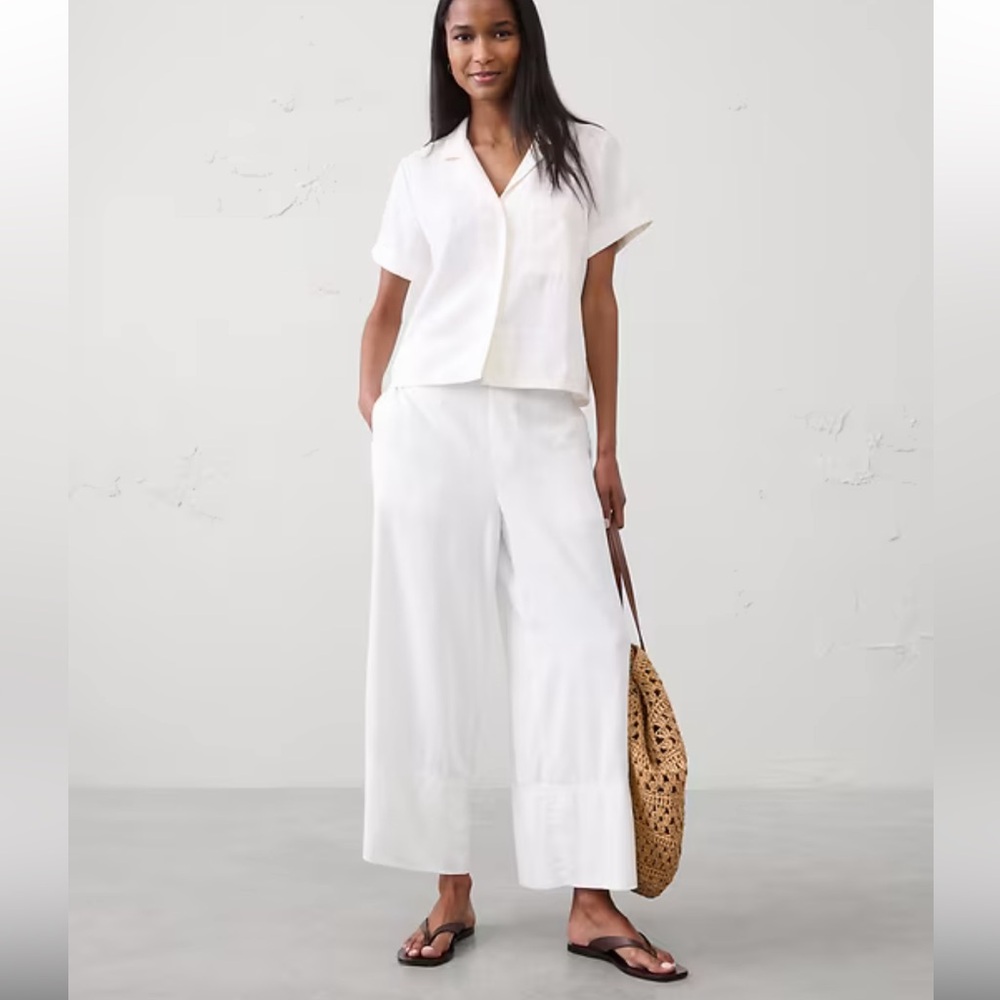 Banana Republic White Wide-Leg Ankle Cropped Pants Linen Cotton Women’s M Vaca